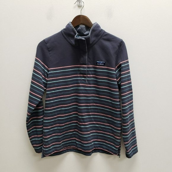 L.L. Bean Tops - LL Bean Womens Soft Cotton Rugby Top Size M Striped 1/4 Button Mock Neck Blue